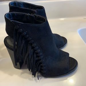 Black suede open toe booties. Fringe sides. Like new!!!